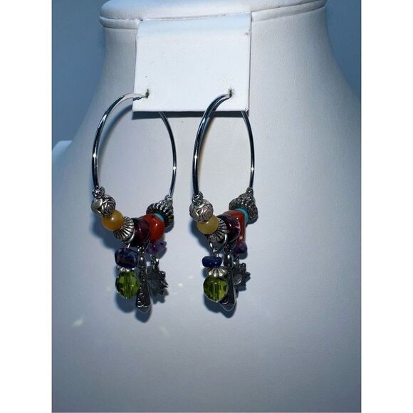 Boho Silver Tone Charm and Stone Dangle Charm Hoop Earrings - Picture 2 of 8